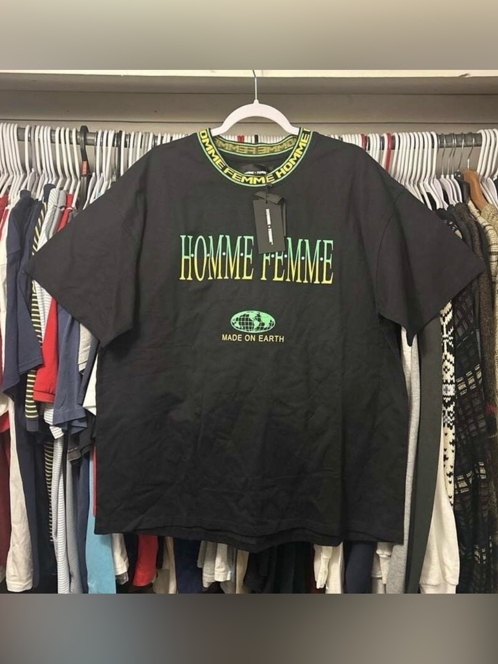 Homme + Femme Made on Earth Logo Ribbed Collar T-Shirt